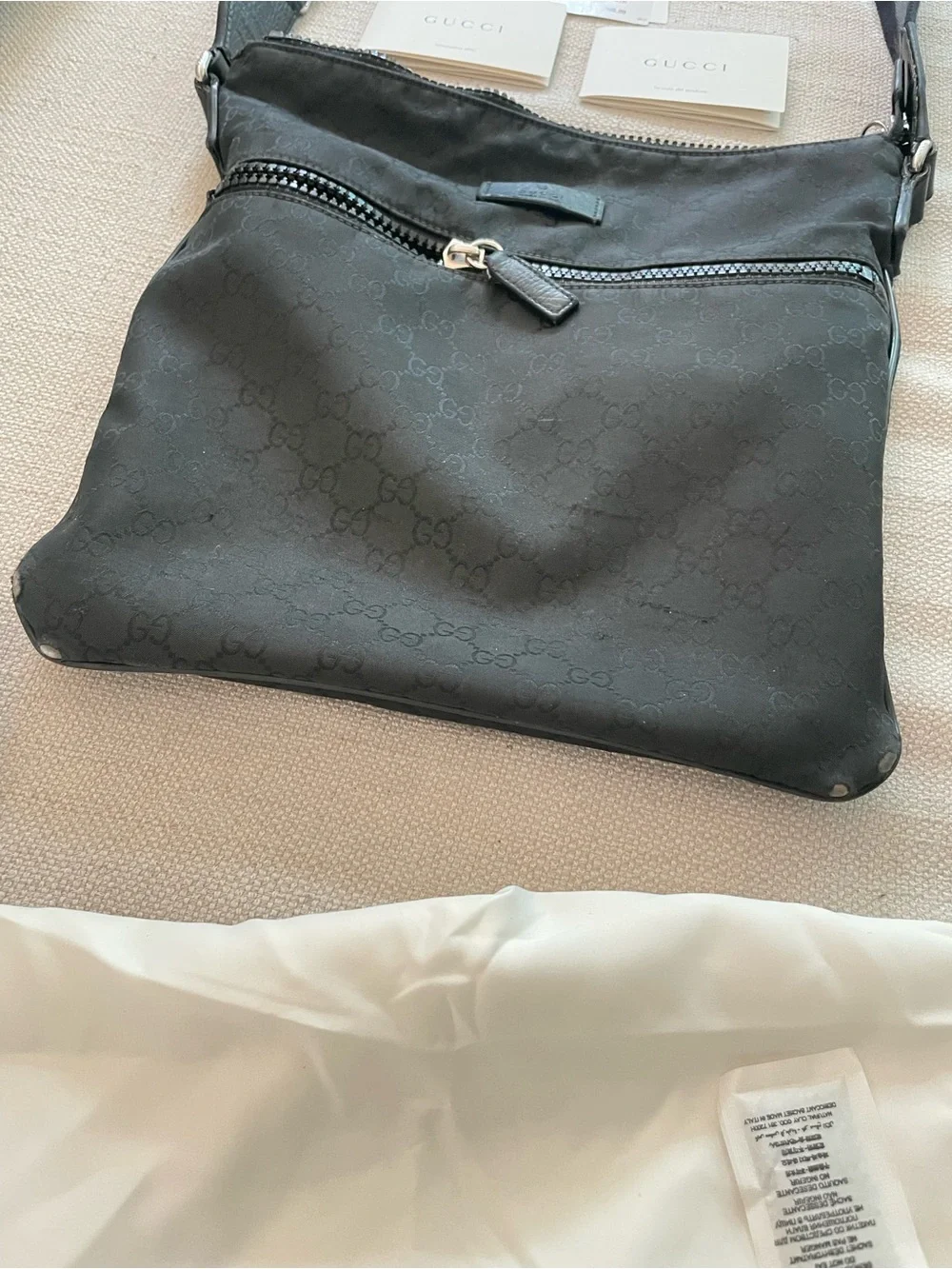 Gucci Black Monogram Crossbody Messenger Bag with Striped Strap